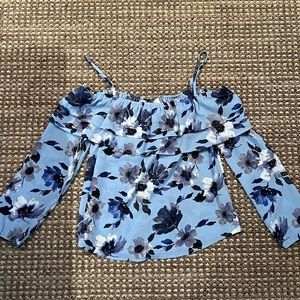Floral Blue off the shoulder ruffle top with quarter sleeves & spaghetti straps